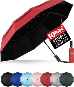 Yoobure Windproof Travel Umbrella with Wood Handle, Automatic Umbrellas for Rain & UV Sun Protection, Compact 46" Large Canopy, Lightweight Backpack Portable for Walking & Outdoor