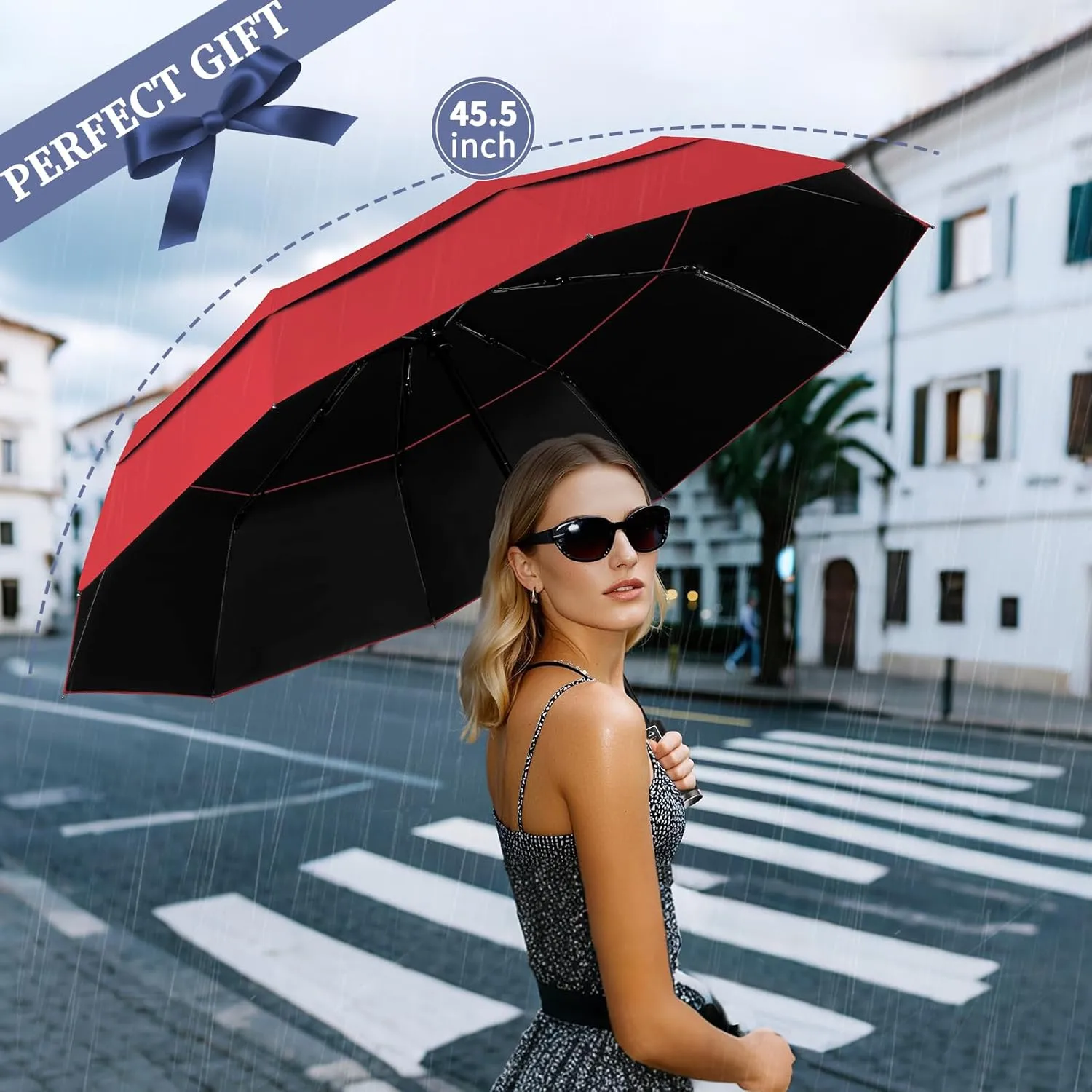 Yoobure Windproof Travel Umbrella with Wood Handle, Automatic Umbrellas for Rain & UV Sun Protection, Compact 46" Large Canopy, Lightweight Backpack Portable for Walking & Outdoor