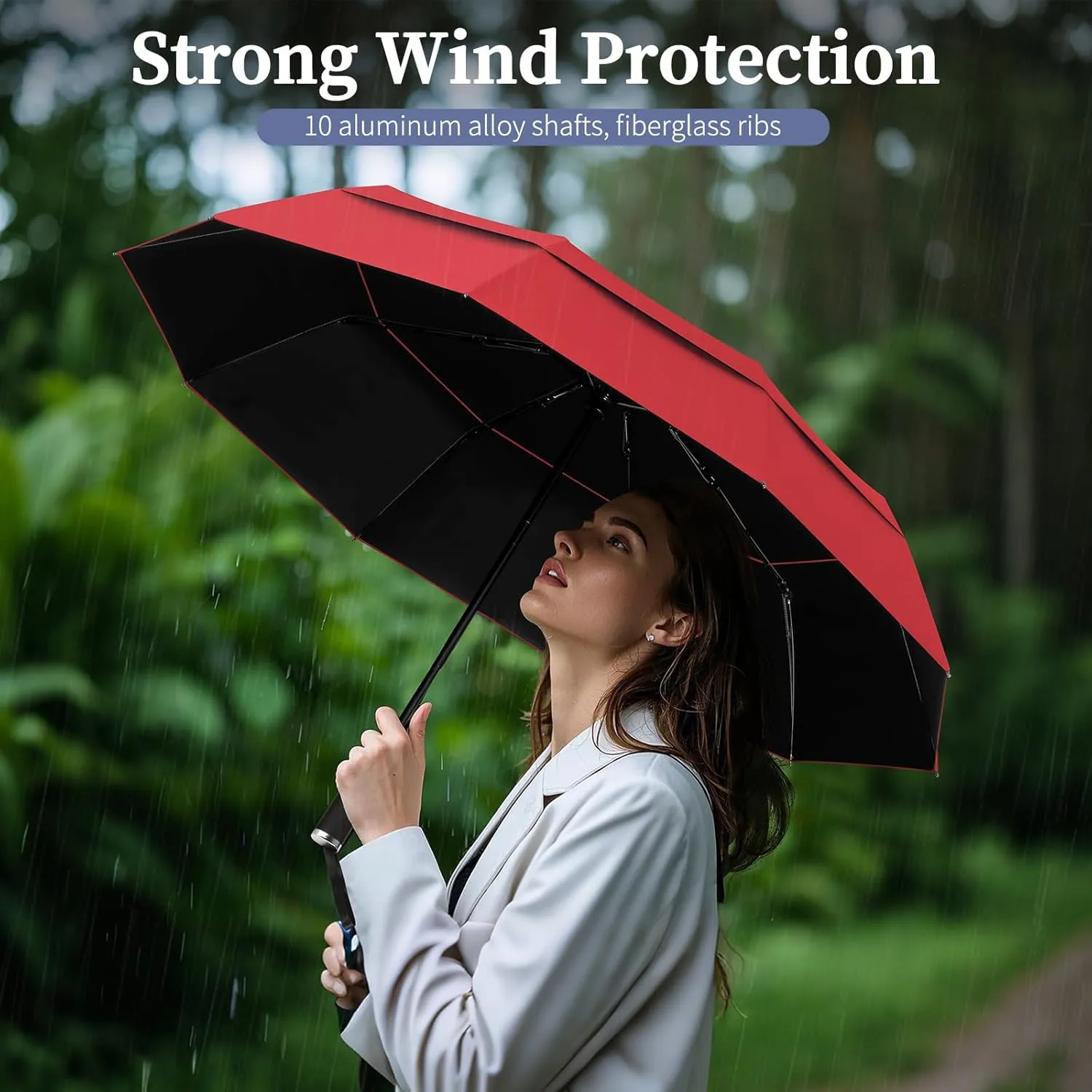 Yoobure Windproof Travel Umbrella with Wood Handle, Automatic Umbrellas for Rain & UV Sun Protection, Compact 46" Large Canopy, Lightweight Backpack Portable for Walking & Outdoor