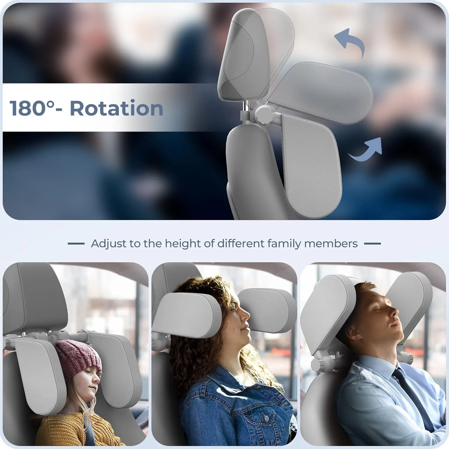 Yoocaa Car Headrest Pillow, Road Pal Headrest, Adjustable Car Seat Head Neck Support, U Shaped Car Sleeping Pillow for Kids & Adults (Grey)