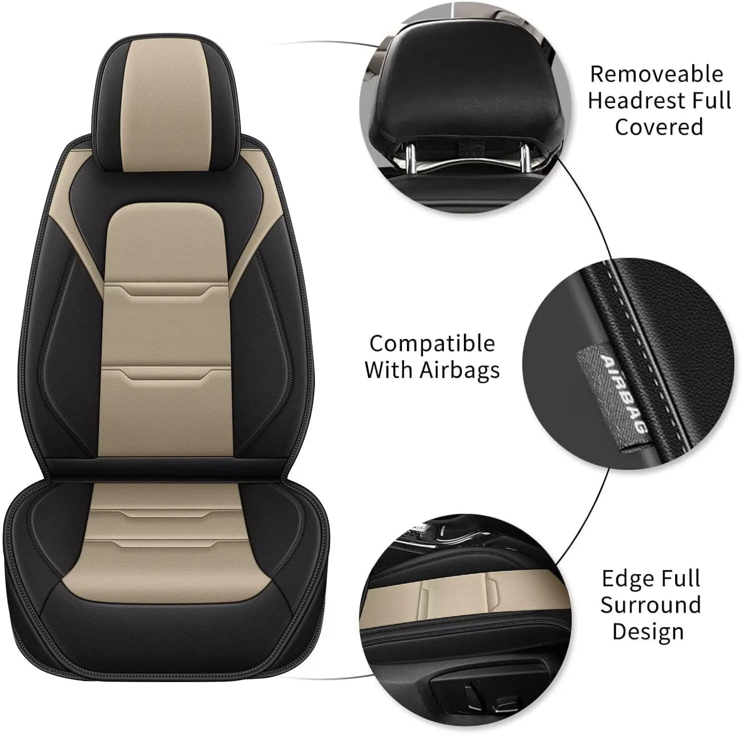 YORKNEIC 2 Front Car Seat Covers for Jeep Wrangler 2007-2024 2025 Faux Leather Waterproof Seat Covers Automotive Seat Protectors Cushions with Airbag Compatible(2 Front Seat,Black&Beige)