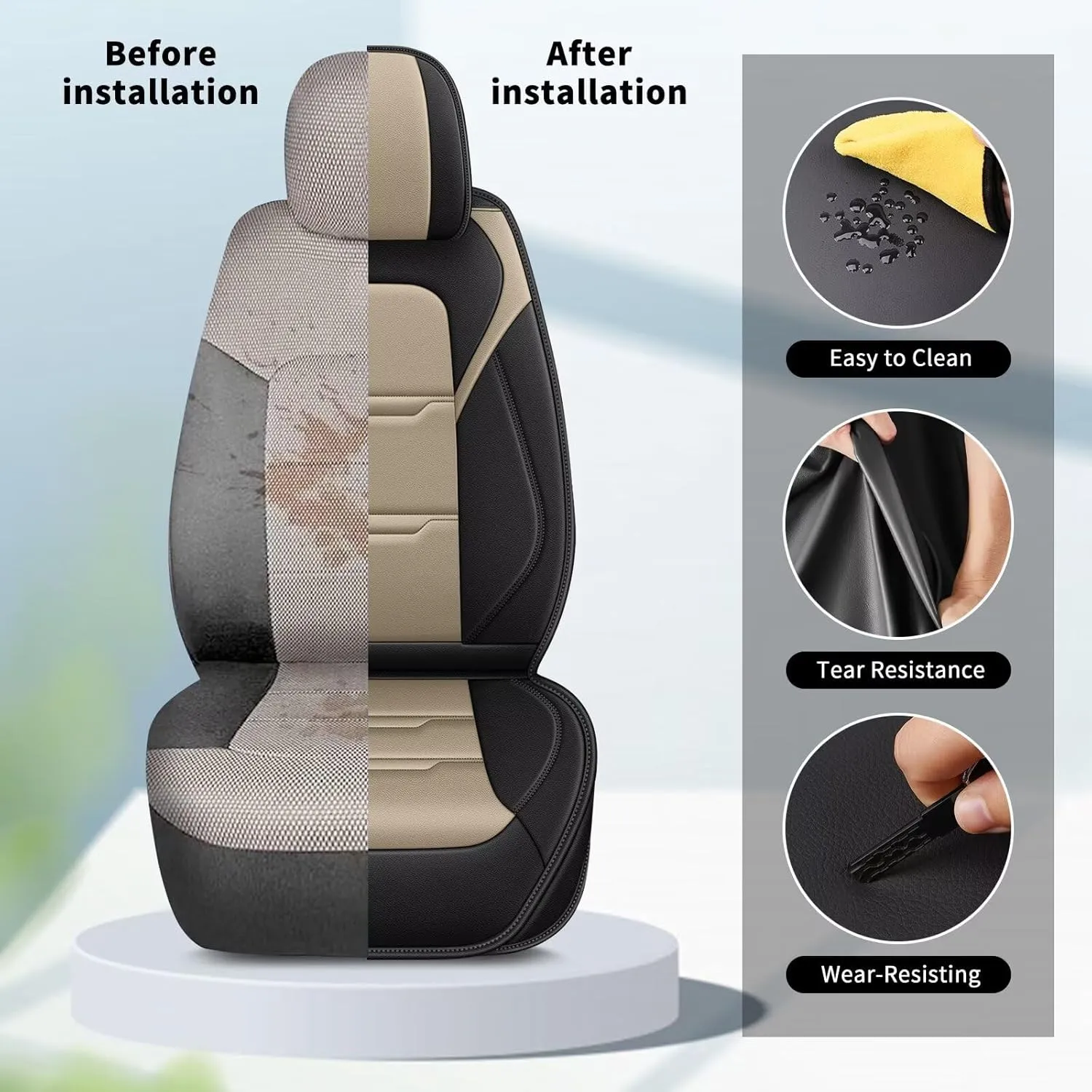 YORKNEIC 2 Front Car Seat Covers for Jeep Wrangler 2007-2024 2025 Faux Leather Waterproof Seat Covers Automotive Seat Protectors Cushions with Airbag Compatible(2 Front Seat,Black&Beige)