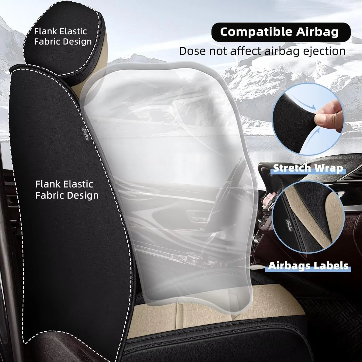 YORKNEIC 2 Front Car Seat Covers for Jeep Wrangler 2007-2024 2025 Faux Leather Waterproof Seat Covers Automotive Seat Protectors Cushions with Airbag Compatible(2 Front Seat,Black&Beige)