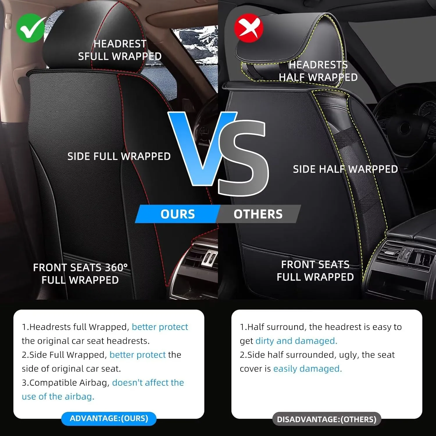 YORKNEIC 2 Front Car Seat Covers for Jeep Wrangler 2007-2024 2025 Faux Leather Waterproof Seat Covers Automotive Seat Protectors Cushions with Airbag Compatible(2 Front Seat,Black&Beige)