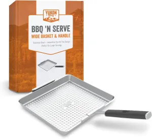 Yukon Glory™ BBQ 'N SERVE Wide BBQ Grill Basket The Grilling Basket Includes a Clip-On Handle - Perfect Grill Baskets for Outdoor Grill Vegetables or Fish Basket & Meat