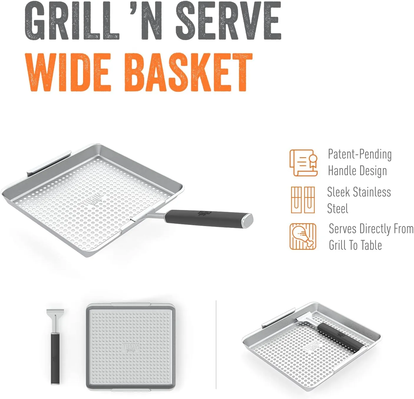 Yukon Glory™ BBQ 'N SERVE Wide BBQ Grill Basket The Grilling Basket Includes a Clip-On Handle - Perfect Grill Baskets for Outdoor Grill Vegetables or Fish Basket & Meat