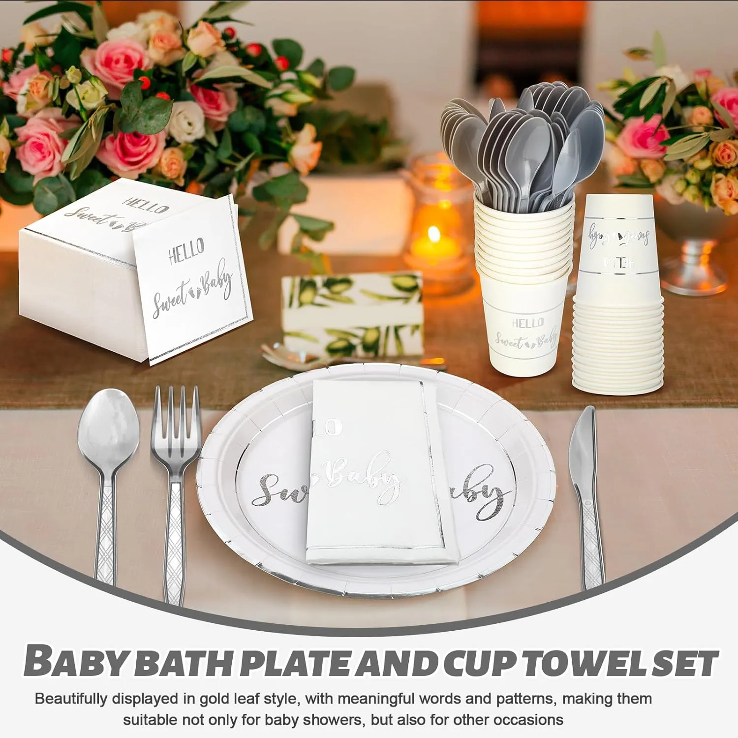 Yungyan 400 Pcs Baby Shower Dinnerware for 50 Guest Baby Shower Paper Plate Napkin Set Gender Reveal Plate Napkins Cup Footprint Disposable Knives Fork Spoon Gender Reveal(Silver,Classic)