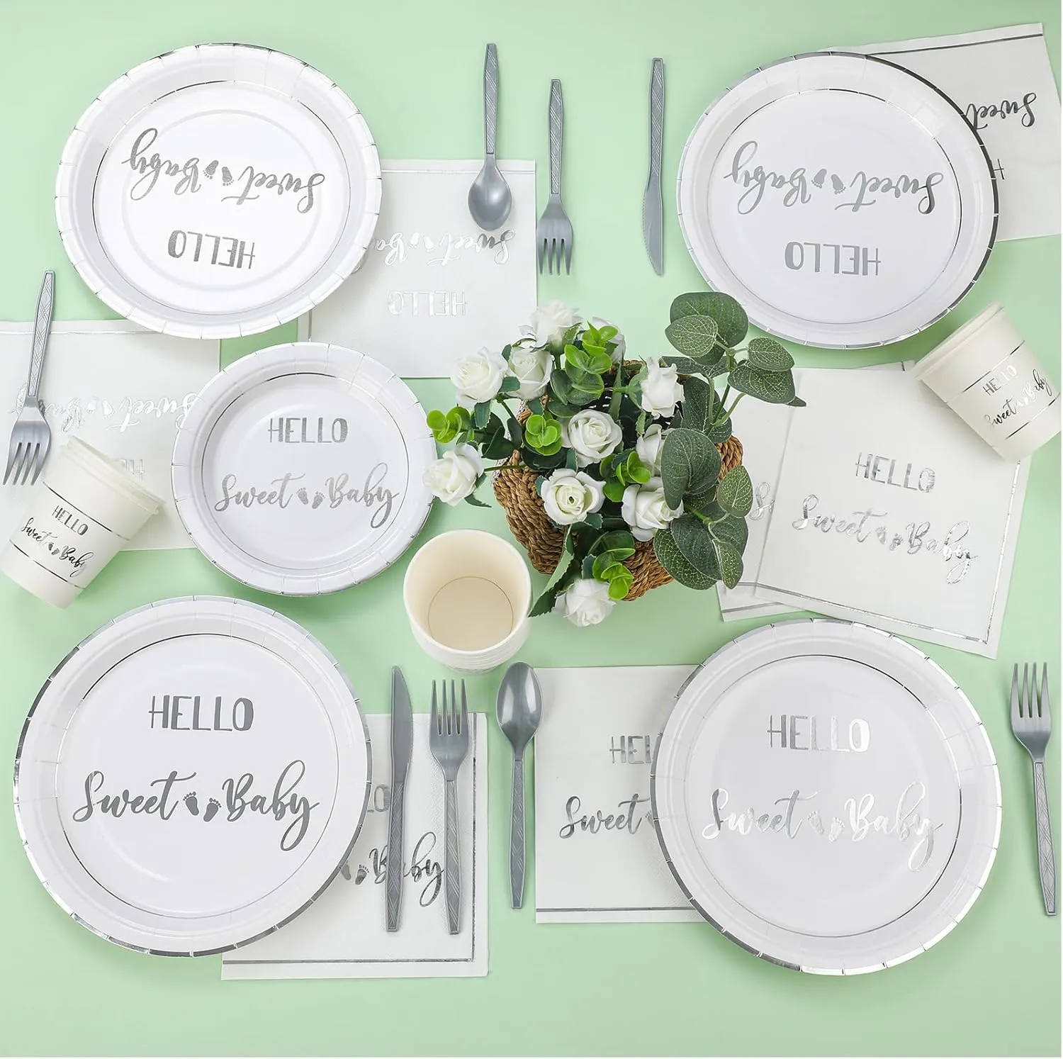 Yungyan 400 Pcs Baby Shower Dinnerware for 50 Guest Baby Shower Paper Plate Napkin Set Gender Reveal Plate Napkins Cup Footprint Disposable Knives Fork Spoon Gender Reveal(Silver,Classic)