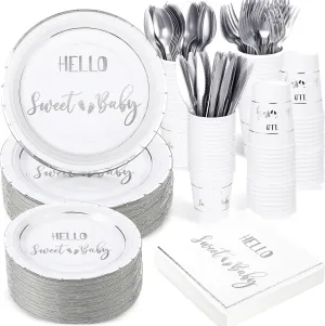 Yungyan 400 Pcs Baby Shower Dinnerware for 50 Guest Baby Shower Paper Plate Napkin Set Gender Reveal Plate Napkins Cup Footprint Disposable Knives Fork Spoon Gender Reveal(Silver,Classic)