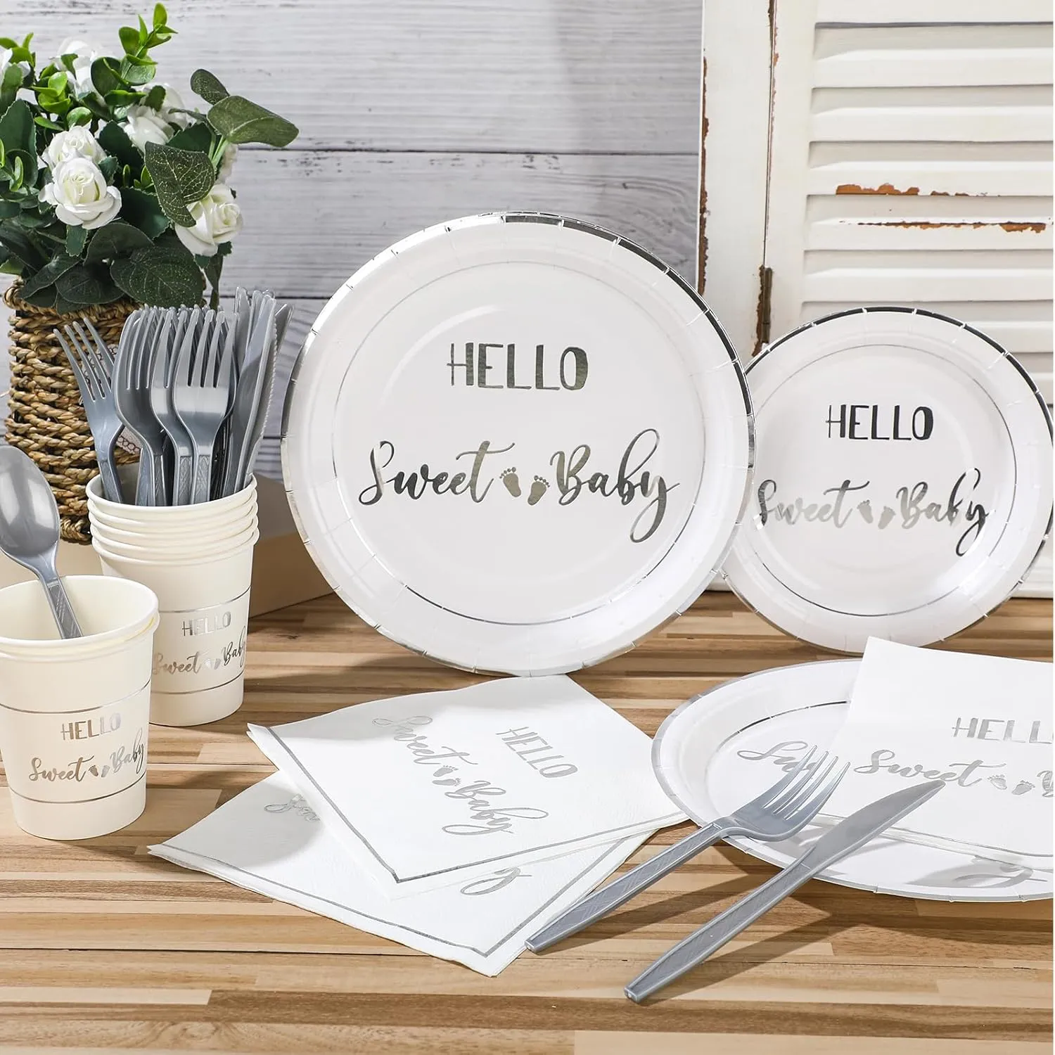 Yungyan 400 Pcs Baby Shower Dinnerware for 50 Guest Baby Shower Paper Plate Napkin Set Gender Reveal Plate Napkins Cup Footprint Disposable Knives Fork Spoon Gender Reveal(Silver,Classic)