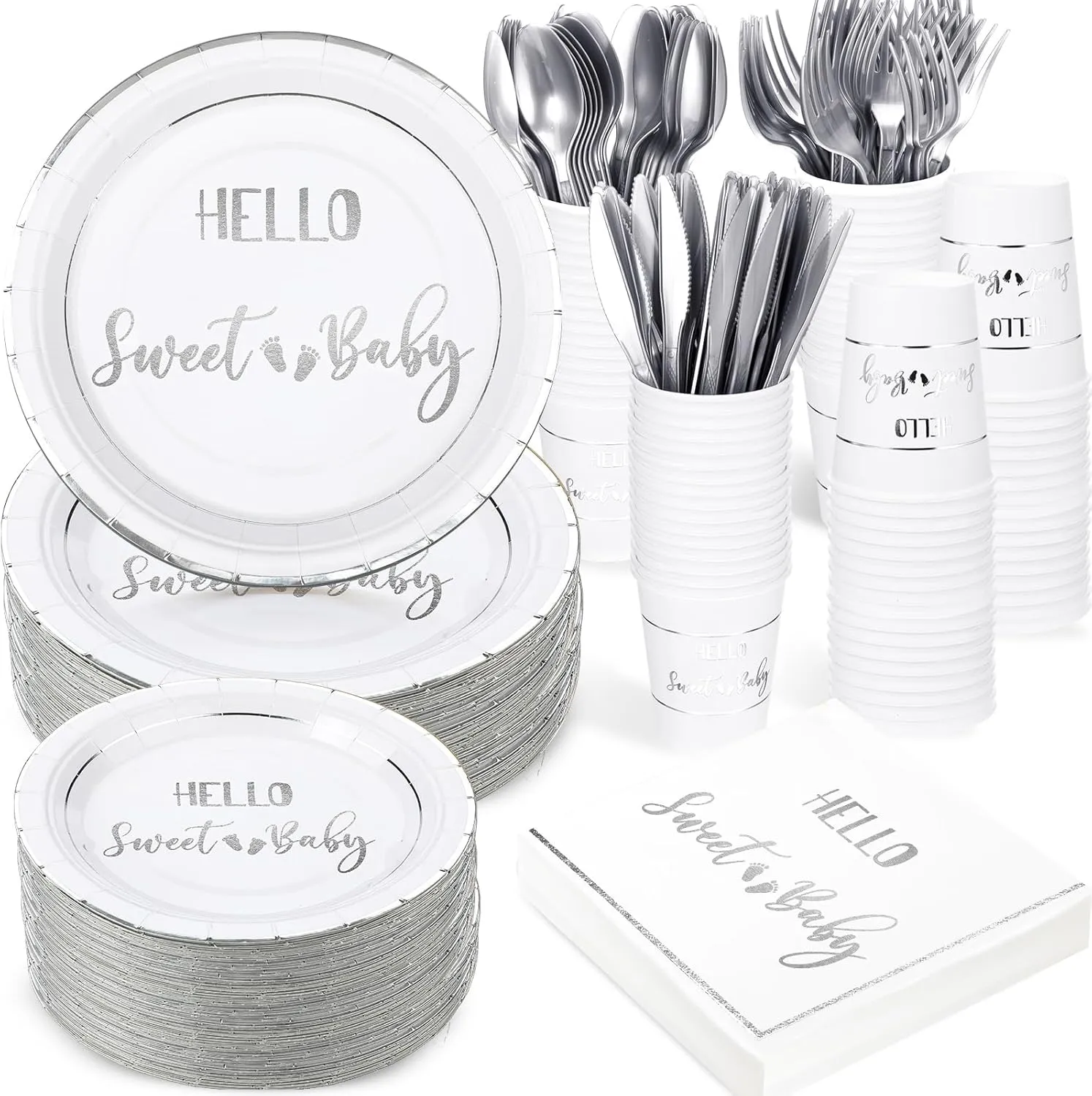 Yungyan 400 Pcs Baby Shower Dinnerware for 50 Guest Baby Shower Paper Plate Napkin Set Gender Reveal Plate Napkins Cup Footprint Disposable Knives Fork Spoon Gender Reveal(Silver,Classic)