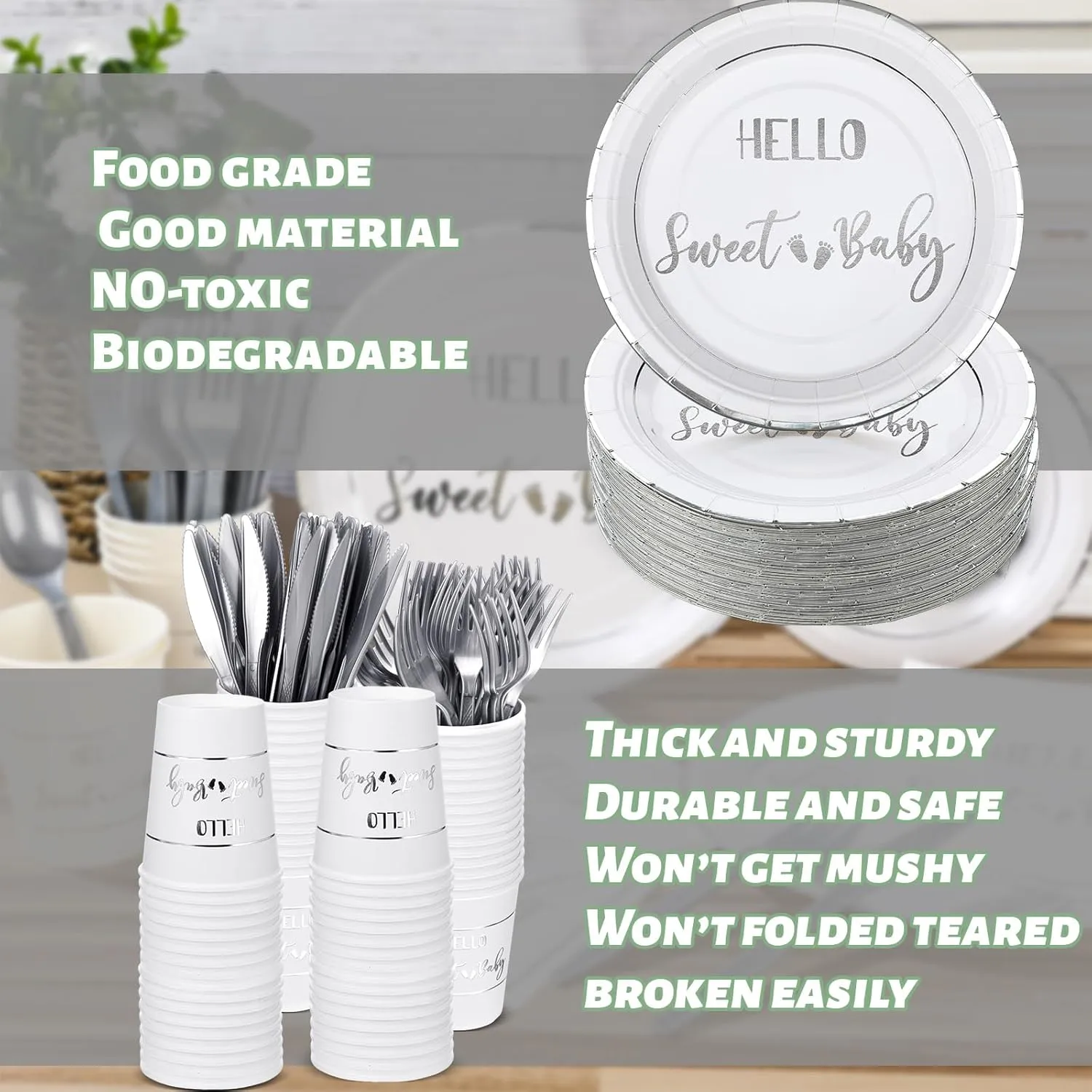 Yungyan 400 Pcs Baby Shower Dinnerware for 50 Guest Baby Shower Paper Plate Napkin Set Gender Reveal Plate Napkins Cup Footprint Disposable Knives Fork Spoon Gender Reveal(Silver,Classic)