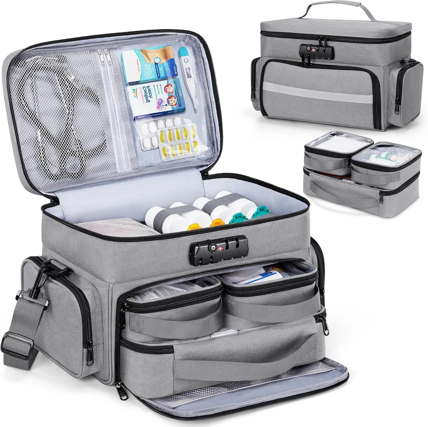 Zannaki Medicine Bag with 3 Removable Pouches, First Aid Bags Empty with Combination Lock, Double Layers Pill Bottle Organizer with Shoulder Strap, Large Medication Travel Storage for Medical Supplies