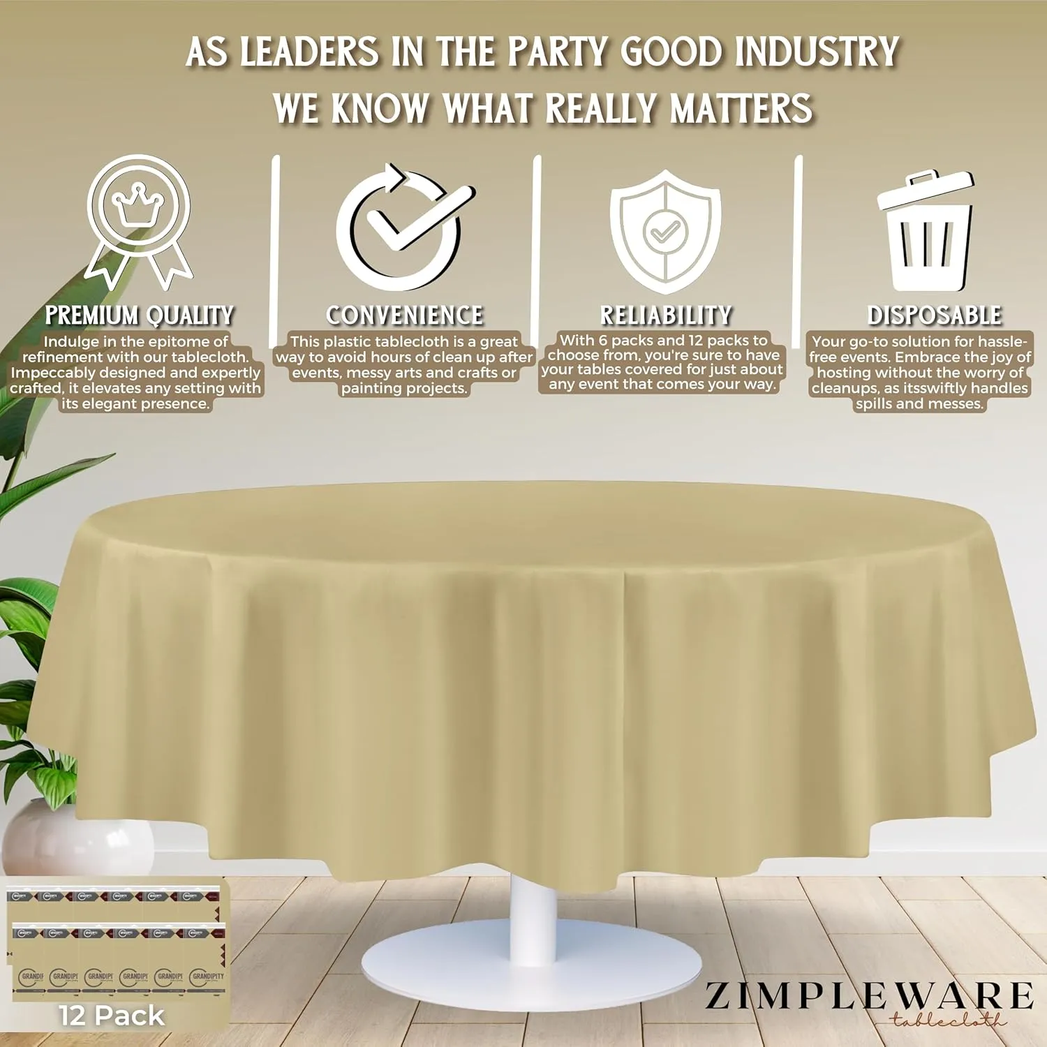 ZIMPLEWARE Premium Beige Plastic Table Cloth Disposable (12 Pack) Round Tablecloth (84in) Party Table Cloths Disposable, Perfect Table Cloth Round Cover for Any Table Up to 6 Feet