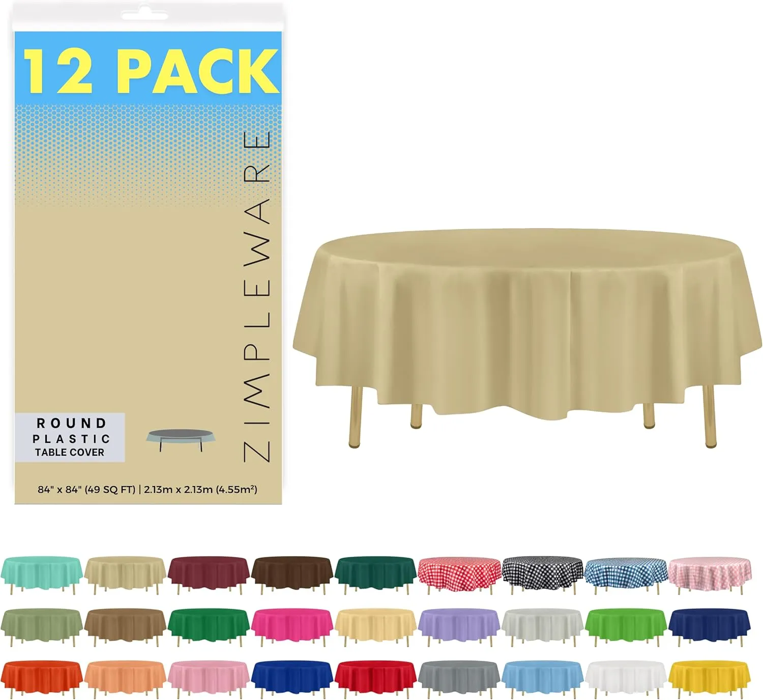ZIMPLEWARE Premium Beige Plastic Table Cloth Disposable (12 Pack) Round Tablecloth (84in) Party Table Cloths Disposable, Perfect Table Cloth Round Cover for Any Table Up to 6 Feet