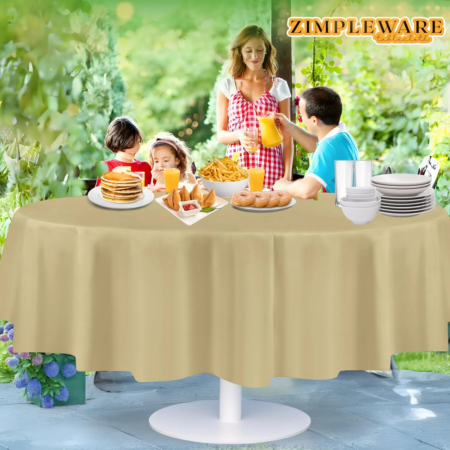ZIMPLEWARE Premium Beige Plastic Table Cloth Disposable (12 Pack) Round Tablecloth (84in) Party Table Cloths Disposable, Perfect Table Cloth Round Cover for Any Table Up to 6 Feet