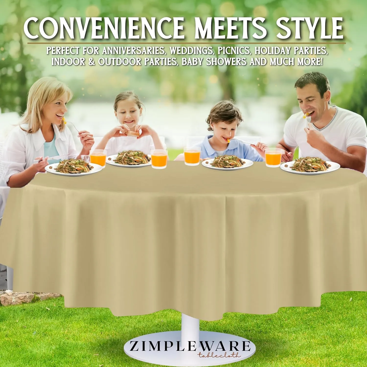 ZIMPLEWARE Premium Beige Plastic Table Cloth Disposable (12 Pack) Round Tablecloth (84in) Party Table Cloths Disposable, Perfect Table Cloth Round Cover for Any Table Up to 6 Feet