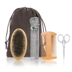 ZJchao Beard Comb Beard Brush Set, 4 in 1 Beard Grooming Kit Beard Care Kit with Stainless Steel Comb Wooden Dual Side Comb Boar Bristle Brush Storage Bag for Mens Mustache Care Grooming Beards