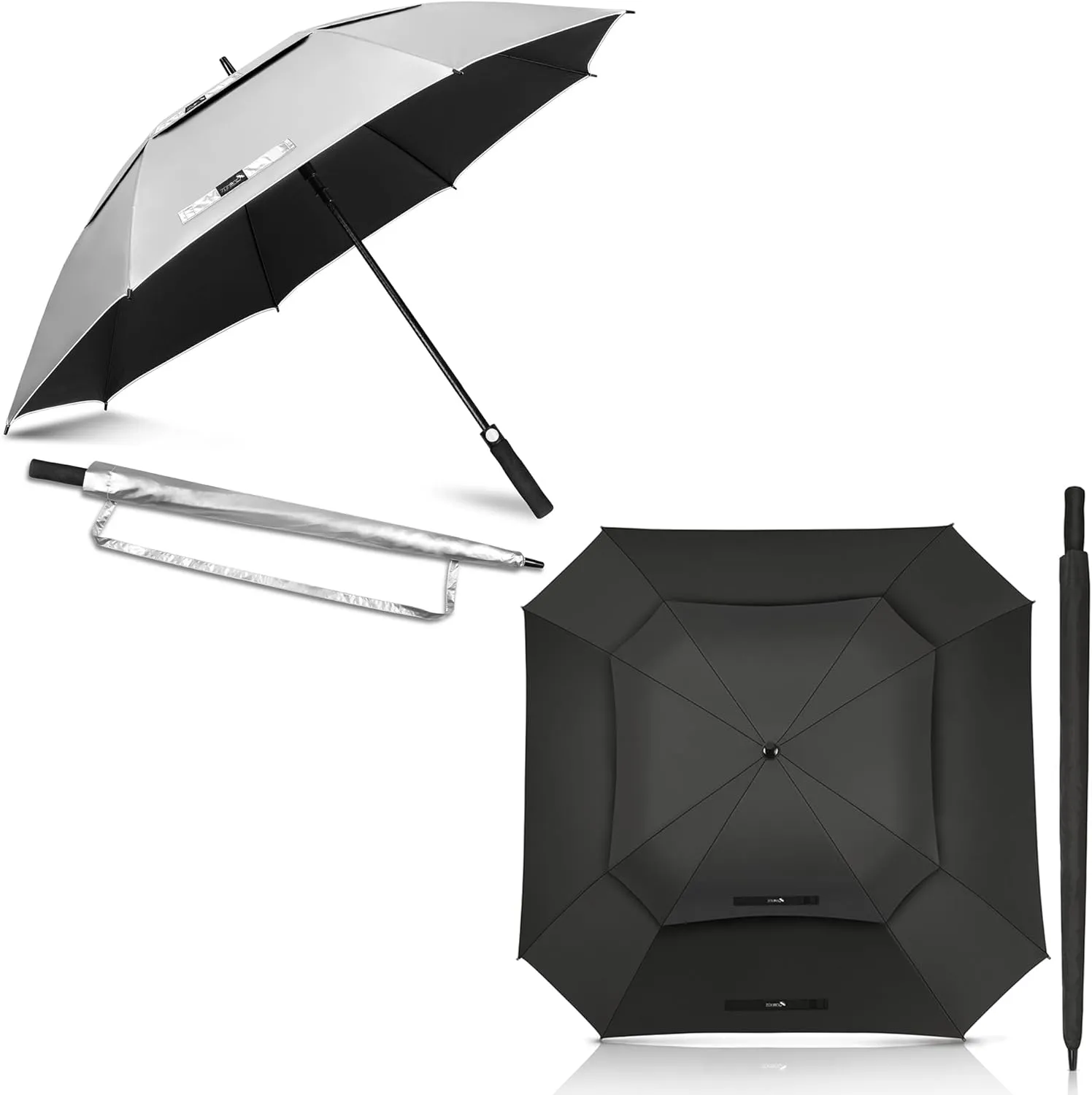 ZOMAKE 62" Large Golf Umbrella UV Protection - Double Canopy Vented Golf Umbrellas Oversize for Rain Windproof Automatic Sun Blocking Umbrella Golf Push Cart Umbrella XXL for Men (Silver Black&Black)