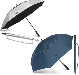 ZOMAKE 62" Large Golf Umbrella UV Protection - Double Canopy Vented Golf Umbrellas Oversize for Rain Windproof Automatic Sun Blocking Umbrella Golf Push Cart Umbrella XXL for Men(Silver Black&Blue)