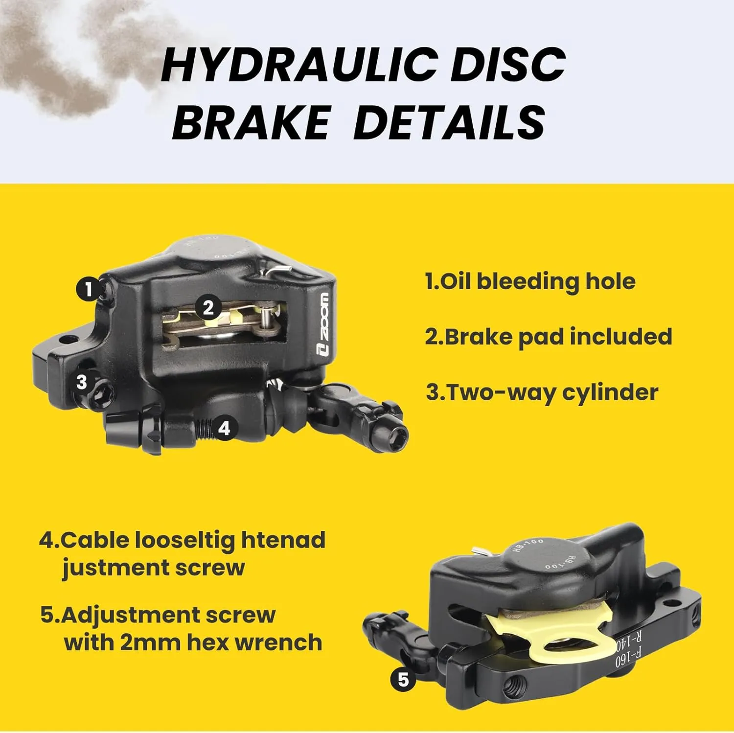 Zoom Hydraulic Disc Brake Calipers: HB-100 MTB Bike Disc Brakes Front & Rear Caliper Set for Mountain, Road Bicycle and E-Bike